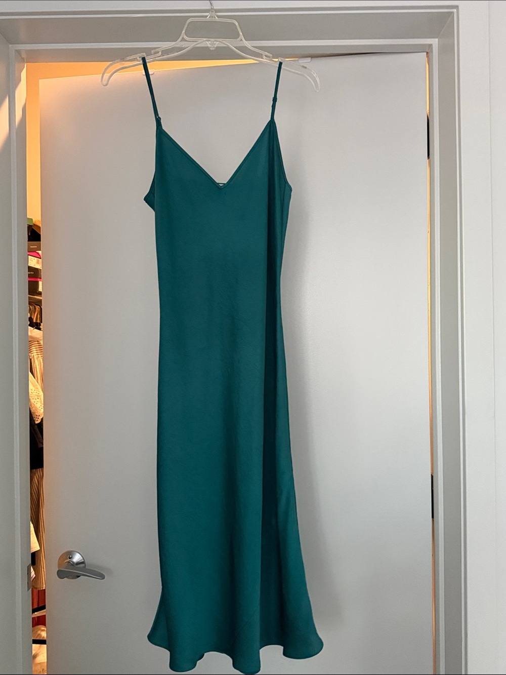 Wilfred Teal Satin Slip Dress with V-Neck and Spaghetti Straps